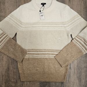Express Cream and Tan Striped Crewneck Sweater
